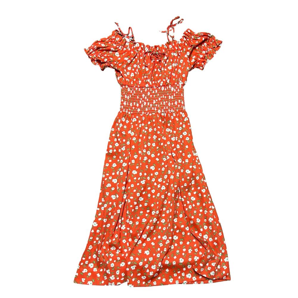 Vintage 70s Off The Shoulder Midi Dress Womens XXS/XS Ditsy Floral Smocked Waist